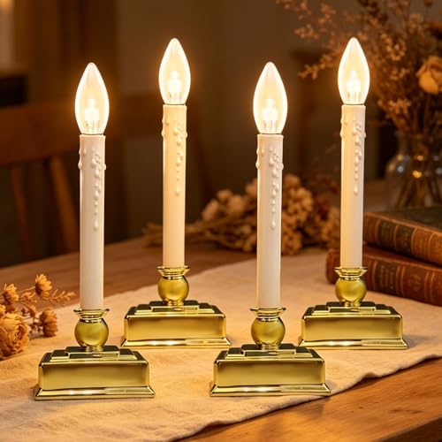 Image of 4 Pack Christmas Battery Operated LED Window Candles with Timer 6-18 Hour, 12 inch Flameless Candle Lamp, Candle Lights for Indoor Party Mantels Table Birthday Home Decor, Gold