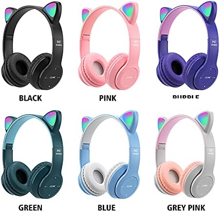 DASNTERED Cute Cat Ears Wireless Gaming Headset, Bluetooth 5.0 Headphones with LED Lights | Foldable, Comfortable, Adjustable Gaming Headphones for Kids Adults(Black)