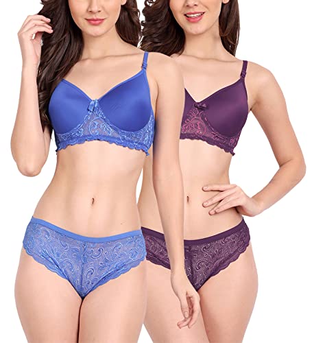 Image of FIMS - Fashion is my style Women Cotton Floral Lace Padded, Non-Wired, Full Coverage, Seamless Bra Panty Set, Multicolor, Lingerie Set