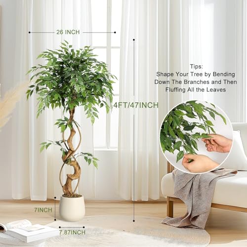 GarveeHome Ficus Artificial Tree with Curved Trunk,4 Feet Faux Plant Fake Silk Trees with White Pot, Fake Ficus Tree for Home Decor, Artificial Plants Indoor for Indoor Office Living Room