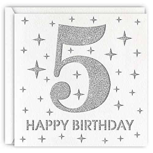 MAGJUCHE Silver 5th Birthday Card, Laser Cut Glitter Girl Boy Age 5 Gift For Daughter, Son