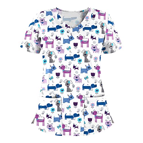 OIOLOYJM Printed Scrub Tops Women V Neck Short Sleeve Plus Size Scrubs for Womens Nursing Uniforms Shirts with Pockets