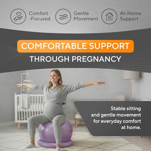 Image of Yoga Exercise Ball Chair for Office Desk with Base, Ideal for Pregnancy, Birthing, Stability Exercises & Fitness. Swiss Stability Birth Ball for Labor, Gym & Workouts.