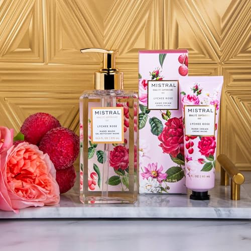 Mistral Luxe Hand Wash - Lychee Rose, 12.5 fl oz | Organic Aloe & Chamomile | Moisturizing Liquid Hand Soap with Sweet Almond Oil | Modern Floral Scent Handsoap, Skin-Friendly, Ideal for Everyday Use
