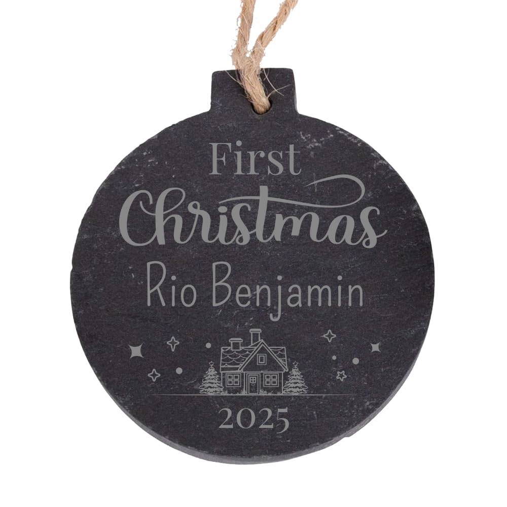 1 Personalised Customised First Christmas Xmas Festive Slate Bauble Tree Gift Decoration Present 70mm PTS Personalised
