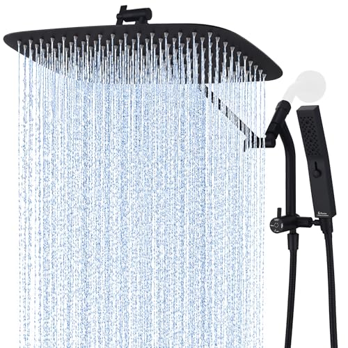 G-Promise All Metal 16 Inch Rain Shower Head with Massage Mode Handheld Spray Combo, 3-Way Diverter with Pause Setting, Full Body Coverage, Modern Bathroom Upgrade (Matte Black)