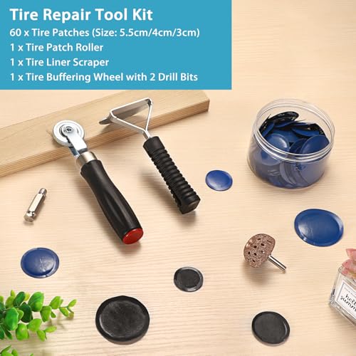 Image of OwnMy 60+3PCS Tire Patch Repair Tools Kit, Tire Patch Kit for Car Bike Motorcycle Truck, Includes 60PCS Tire Patches (1.4 inch /1.6 inch /2.2 inch), Repair Buffer Wheel, Tire Patch Roller, Inner Liner Scraper