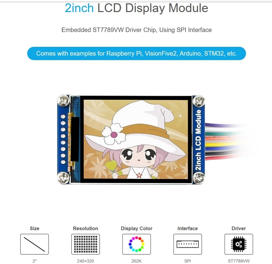 Image of 2inch LCD Display Module Compatible with Raspberry Pi 5 /4B /3B /Pi3B / Pi Zero 2W /Zero W /Pi Zero 2W / Zero 2WH, IPS Screen 240x320 Resolution, 262K Display Color,ST7789VW Driver Chip SPI Interface