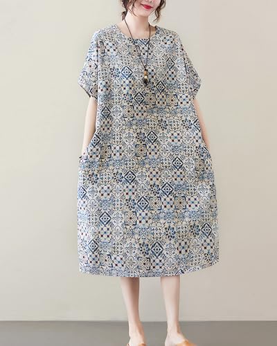 Image of LUZU JUNU Women's Summer Baggy Plus Size Loose Cotton Linen Long Boho Beach Dress with Pockets