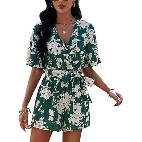 Cocoarm Jumpsuit Damen Sommer V-Ausschnitt Kurz Overall mit Gürtel Kurzarm Playsuit Blumendruck Romper Lose Strampler Hosenanzug Spielanzug für Freizeit Alltag Dating Strand Cover