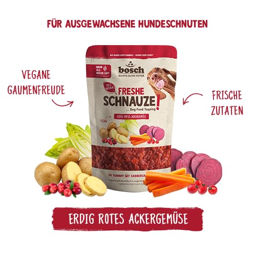 Bosch Freshe Schnauze - Erdig rotes Ackergemüse 8 x 200 g | Topping für Hundefutter | Für Trockenfutter und Nassfutter geeignet | mit frischer Rote Bete, Karotten, Kartoffeln & Hagebutten