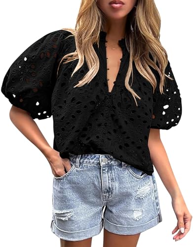 BETTE BOUTIK Women's Long Short Sleeve Tops 2025 Dressy Casual Button Hollow Out Lace Embroidered Blouses Shirts