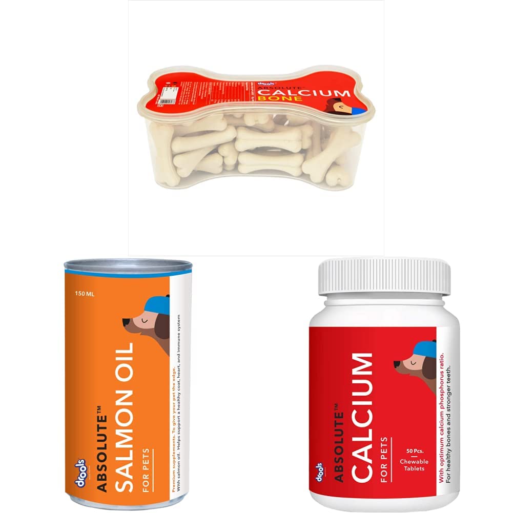 Drools Absolute Calcium Bone Jar, Dog Treats - 40 Pieces (600g) & Absolute Calcium Tablet- Dog Supplement, 50 Pieces & Absolute Salmon Oil Syrup - Dog Supplement, 150 ml (B0BDS3HQ4B) Amazon Price History, Amazon Price Tracker
