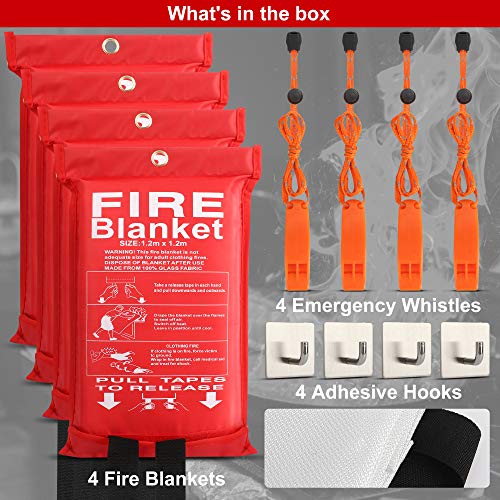 4-Pack Fire Blanket - Fiberglass Fire Blanket Fire Suppression Blanket - Fire Blankets Emergency for People - Fire Safety Blanket with Emergency Whistles - Fireblanket for Kitchen, Home