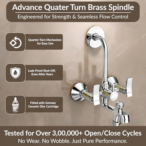 Image of Plantex Pure Brass 3-in-1 Wall Mixer with L-Bend Provision for Overhead and Hand Shower /Bathroom Mixer Tap with Brass Wall Flange & Teflon Tape /Wall Mixer for Bathroom - (Star, Chrome)
