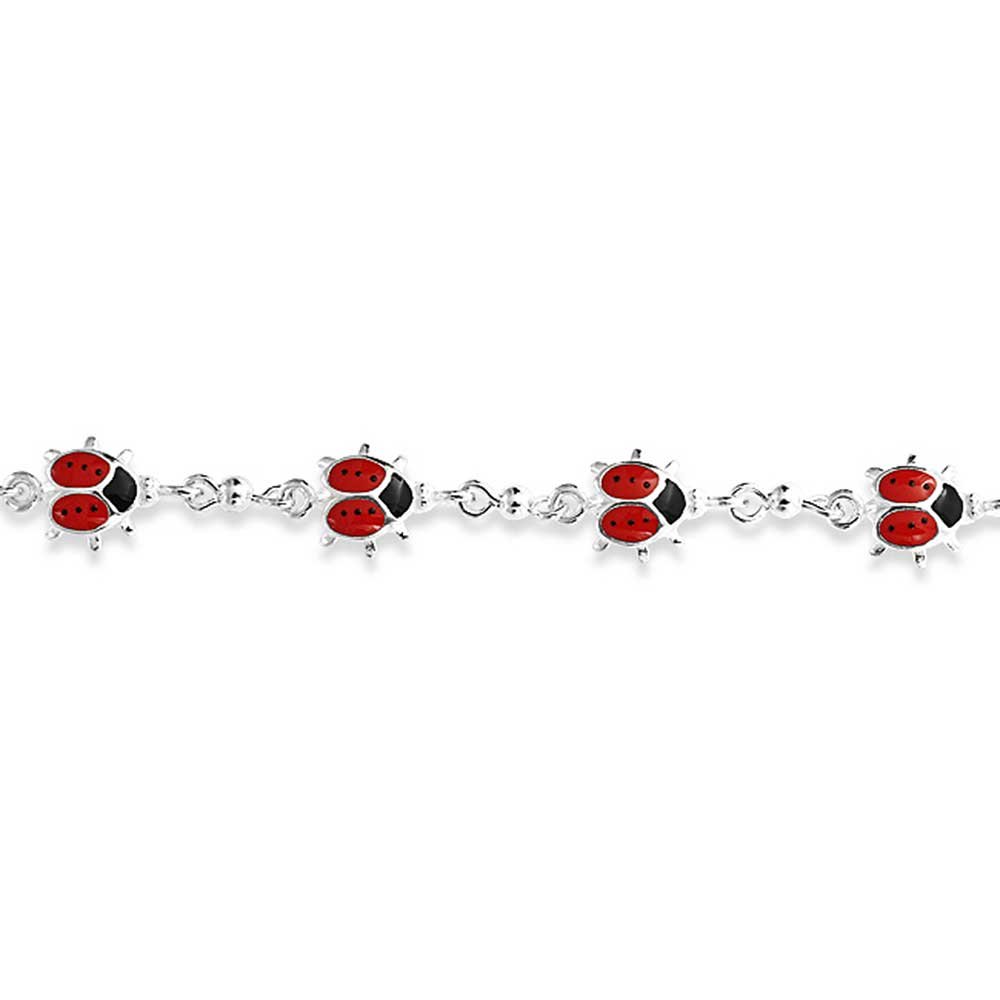 Pulsera de Encantos de Estación Múltiple de Buena Suerte Jardín Afortunado con Mariquitas Rojas de Esmalte para Mujeres Adolescentes .925 Plata de Ley 7,7.5 Pulgadas