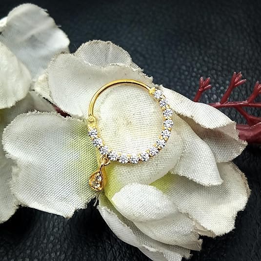18K Gold Plated Diamond Nose Ring – Hypoallergenic Yellow Gold Indian Nose Pin Nath for Women, CZ Diamond Gems, Bollywood Bridal Jewelry for Parties & Festivals