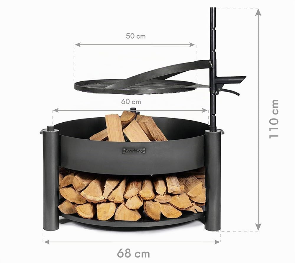 CookKing Feuerschale Montana X 60 mit Holzlager und Zubehör aus Rohstahl Ø 60 cm handgeschweißt wetterfest inklusive Grillrost und Befestigungsmast für Garten Terrasse Outdoor