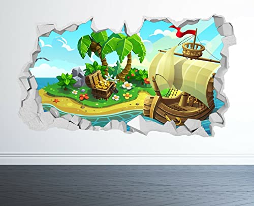 STICKER MURAL BATEAU PIRATE LOOK 3D - AUTOCOLLANT CHAMBRE ENFANTS MER OCÉAN