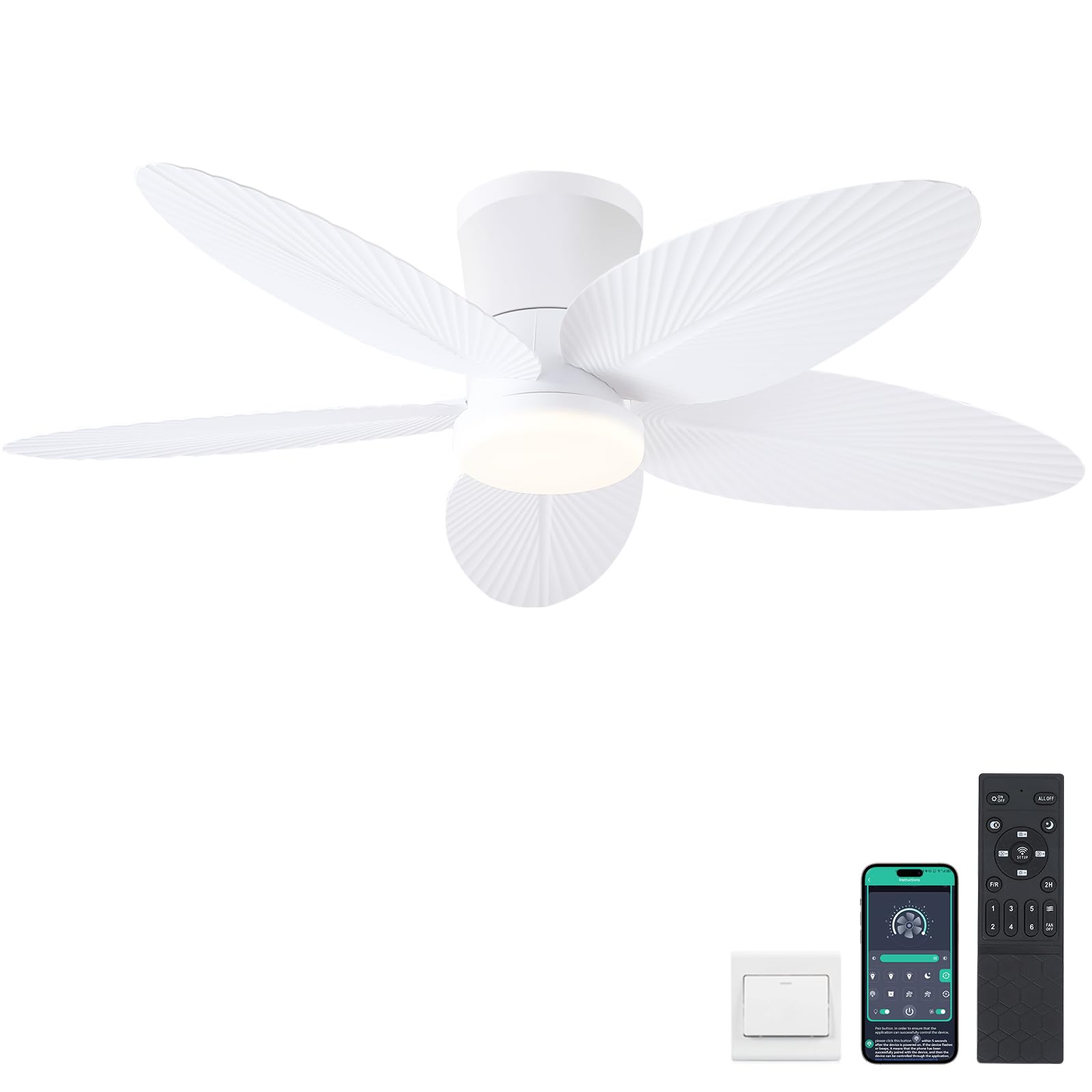 Surtime Palm Leaf Ceiling Fans with Lights-42 Tropical Ceiling Fan with Light and Remote/APP Control,Flush Mount Low Profile White Ceiling Fans for Bedroom,Indoor/Outdoor Patio Use