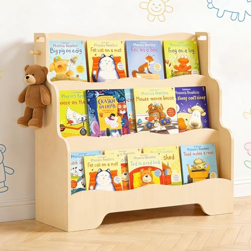 PAMPORPET Bibliotheque Enfant en Bois, 3 Niveaux Etagere Rangement Livre Enfant, Bibliothèque Enfant Montessori avec Crochet, Enfant Chambre Meuble 1-3 Ans...