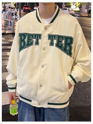 Image of MakeMeChic Men's Corduroy Jacket Letter Graphic Long Sleeve Button Down Warm Coats Beige and Green Small