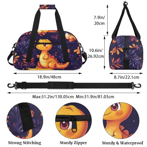 Cute Dinosaur Orange Gym Travel Duffle Bag for Boys - Gymnastics Sports Dance Bag with Front Zipper Pocket for School Practice or Overnight Travel Weekender Sleepover Tote Bag Orange3