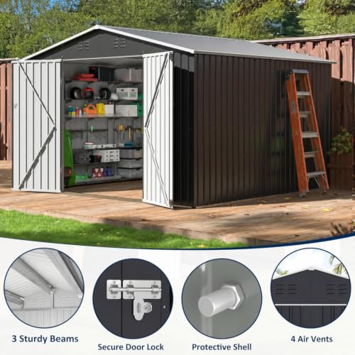 Image of AirWire 10x10 FT Outdoor Storage Shed | Garden Shed with Updated Frame Structure and Lockable Doors, Metal Tool Sheds for Backyard Garden Patio Lawn, Grey