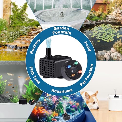 Image of 70GPH Mini Submersible Fountain Pump with LED Lights(260L /H, 3W), Ultra Quiet Aquarium Submersible Water Pump, Adjustable Pond Fountain Pumps for Aquarium, Fish Tank, Pet Fountain (3W)