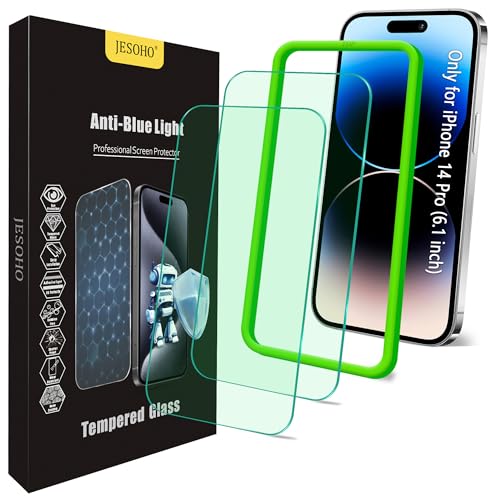 JESOHO Blue Light Screen Protector for iPhone 14 Pro (6.1)*2 Pack Eye Protection HD Blue Light Blocking Tempered Glass Film No Bubble with Easy Installation Kit