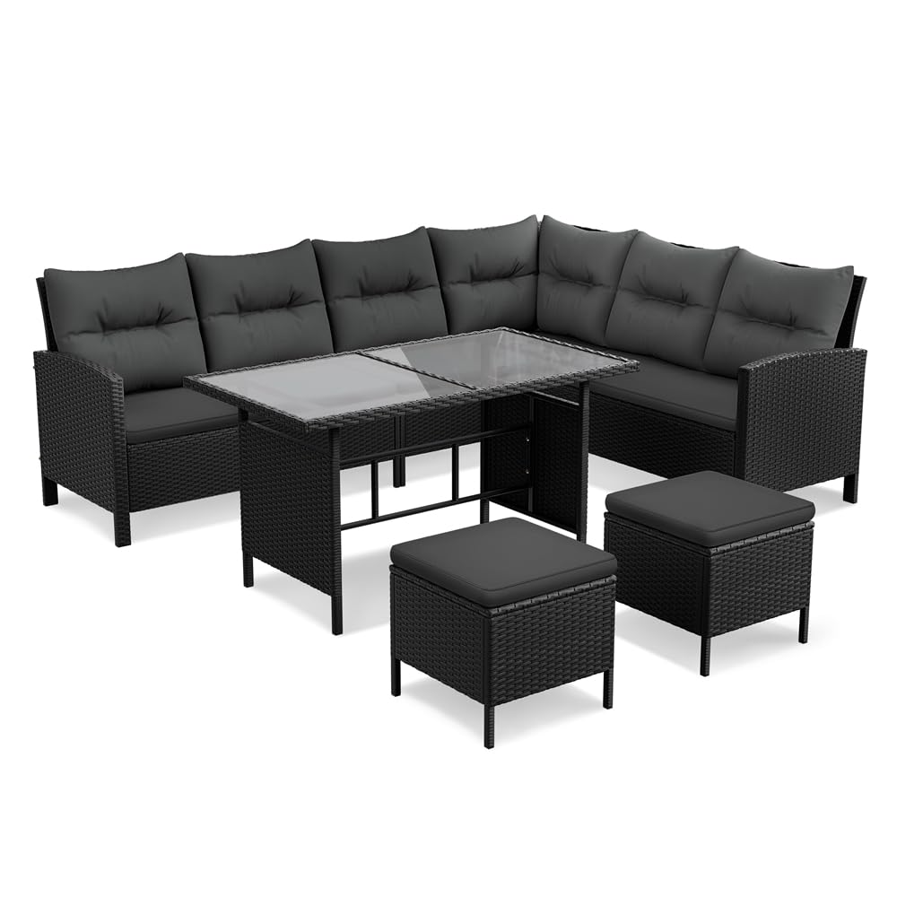 Yaheetech Set Mobili da Giardino in Rattan PE con 1 Divano ad Angolo 1 Tavolo 2 Pouf, Mobili Esterni 7 Posti con Cuscini per Patio Balcone Terrazza, Nero e Grigio
