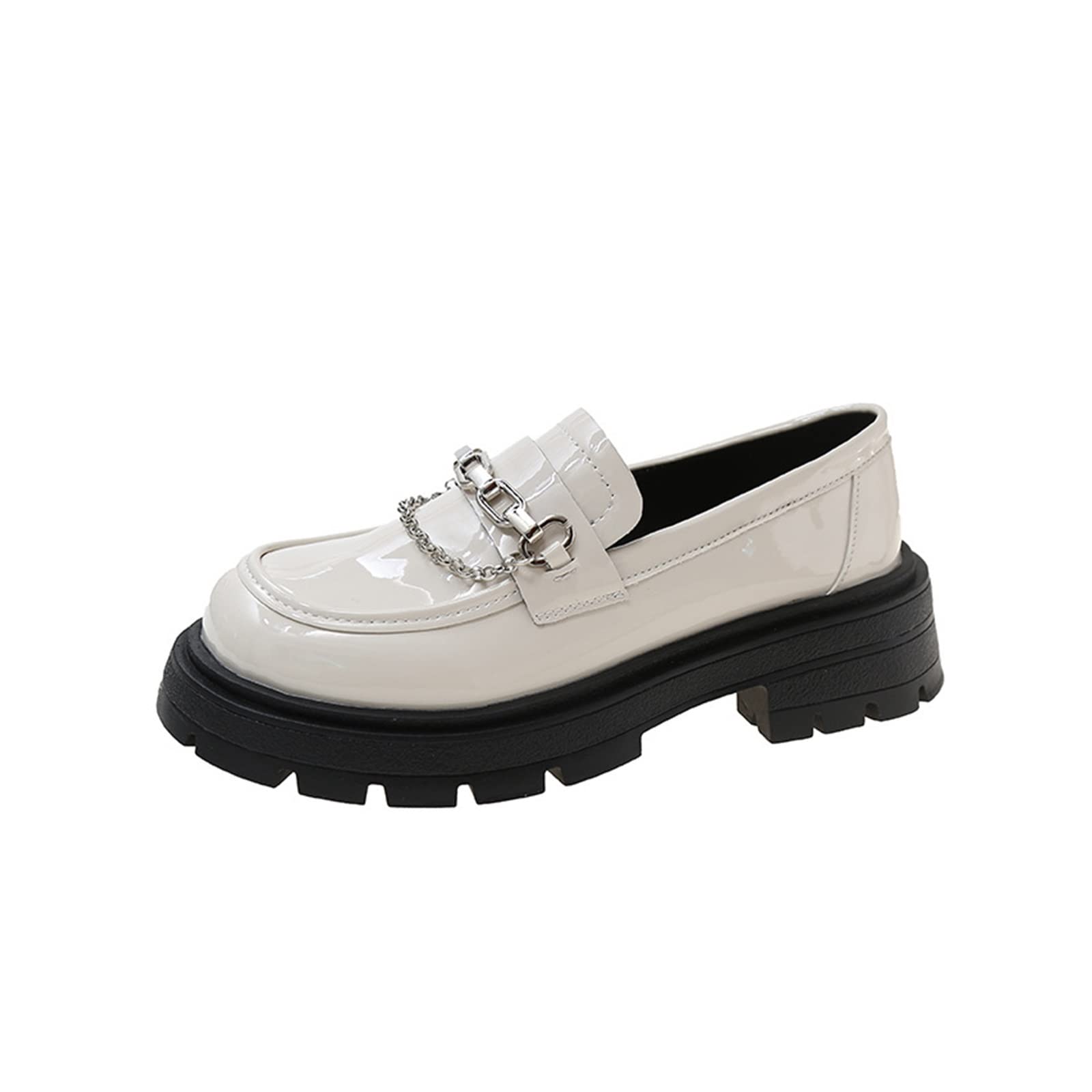 Scarpe basse da donna Décolleté da donna mocassini da donna con tacco grosso piattaforma scarpe a catena in metallo casual casual retrò college ragazza quotidiana punta rotonda, Beige, 36 1/3