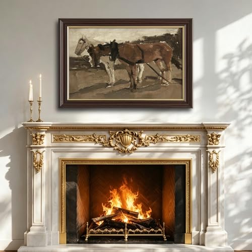 Image of Vintage Framed Work Horses Canvas Wall Art, Antique Farm Animal Painting, Neutral Tone Rustic Wall Decor for Living Room Bedroom Farmhouse Aesthetic