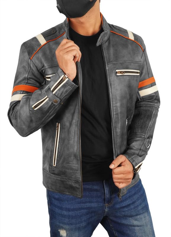 LP-FACON Men's Vintage Leather Jacket - Distressed Black Cafe Racer Retro Biker Genuine Leather Jacket4