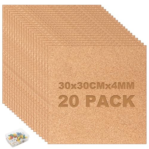 GBACHOOSE 20 Stück Korkplatten 30x30cm, Korkplatte 4mm, Pinnwand Quadratisch Kork, Korkwand mit Reißzwecke, Korkmatte, Korkwand Pinnwand, Korkfliesen für Wanddekoration, Message Board, Fotowand