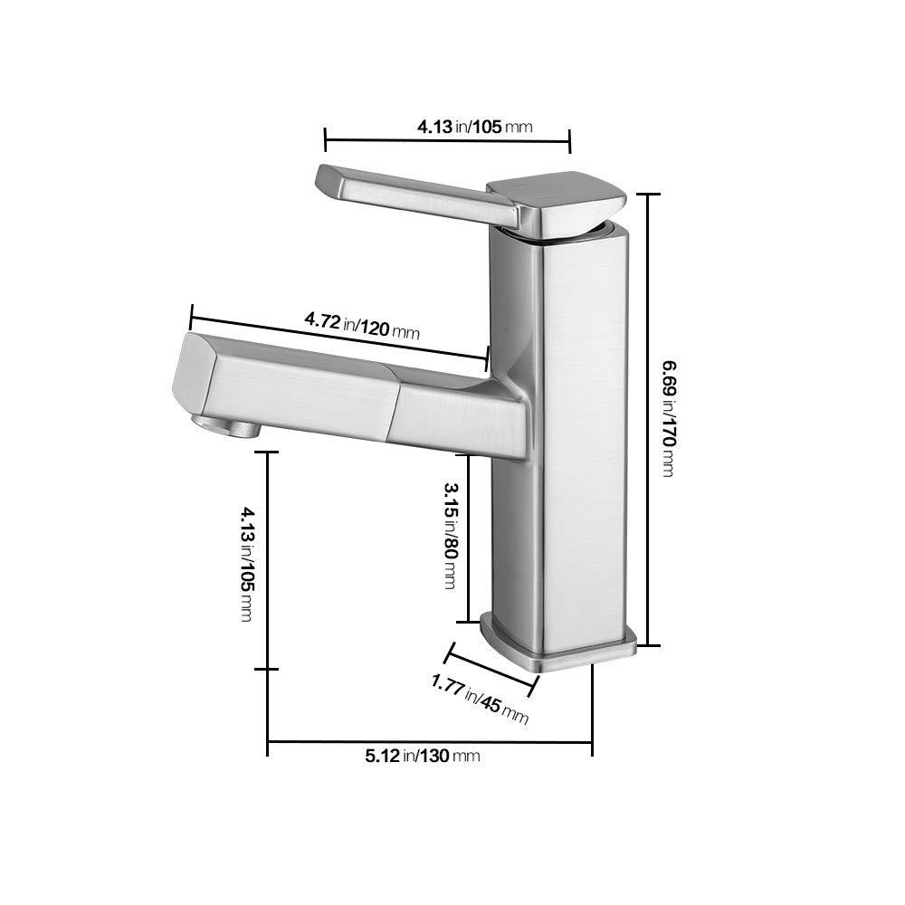 KAIYING Bathroom Sink Faucet with Pull Out Sprayer, Single Hole Utility Bar Sink Faucet, Lavatory Pull Down RV Sink Faucets with Rotating Spout, Single Handle (Regular, Brushed Nickel)