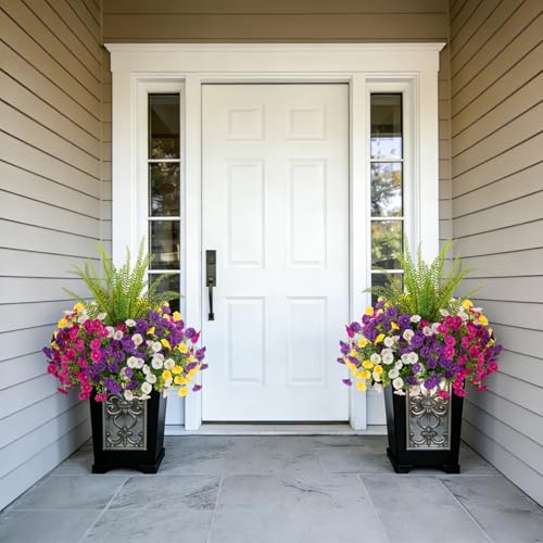 Image of Artificial Flowers Fake Plants for Outdoors Decoration, 12 Bundles Silk Morning Glory with Boston Fern Realistic UV Resistant Faux Flowers for Outside Planter Yard Patio Garden Home Indoor Urn