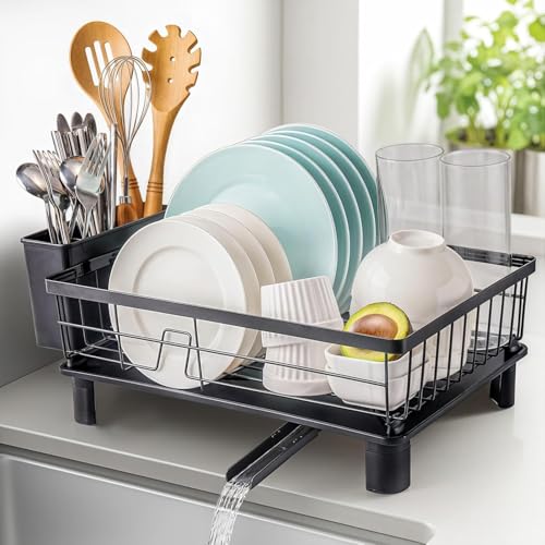 MHDCLY Dish Drainer Rack, Dish Drying Rack, Dish Rack, Dish Racks with Drain Board, Kitchen Accessories, Draining Board Rack, with Cutlery Holder, Over Sink Stainless Steel, 29 x 38cm, Black