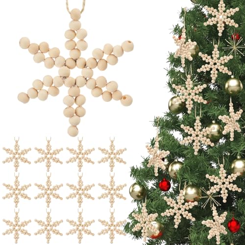 Leinuosen 12 Pcs Christmas Tree Snowflake Wooden Bead Ornaments 3.94