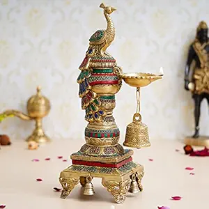 eCraftIndia Colorful Peacock Handcrafted Brass Diya Stand with Stone Work and Bell