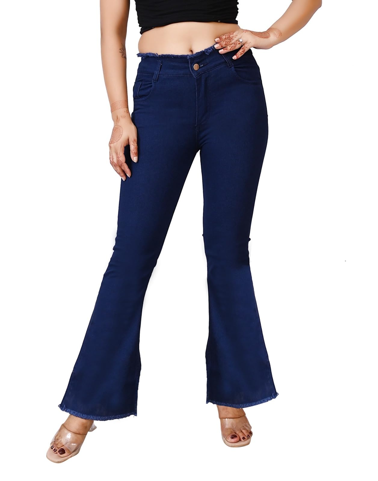 Women’s Flared Denim Jeans | High Waist Stretchable Bell Bottom Pants | Trendy Frayed Hem Jeans for Women (in, Numeric, 28, Dark Blue)-picture-14