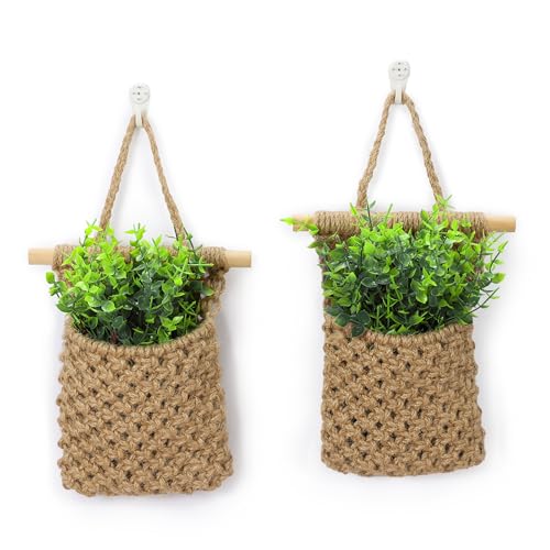 Shineloha 2 Packs Macrame Wall Planters with Artificial Eucalyptus | Macrame Plant Hanger, Wall Plant Holders for Boho, Bathroom, Bedroom & Wall Hanging Decor (2 Packs, Brown)