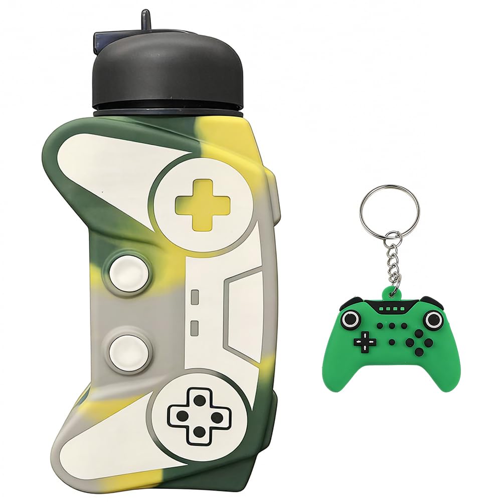 550ml Game Controller Silicone Water Bottle with Controller Keychain – BPA-Free Collapsible Gaming Water Bottle, Leakproof with Carry Strap Perfect for Gamers, School, Travel & Outdoor Use (Green)
