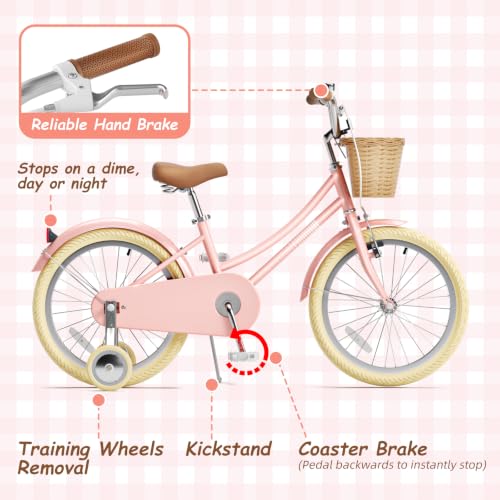 Image of Glaf 12 14 16 18 20 24 Inch Girls Bike with Training Wheels /Kickstand Kids Bike for 2-15 Years Old Toddler Girls Bicycle with Basket, Beach Cruiser Girls Bike
