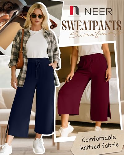 Neer 3 Pack Women's Plus Size Capris, Drawstring Cropped Wide Leg Pants Lounge Athletic Yoga Sweatpant with Pocket3