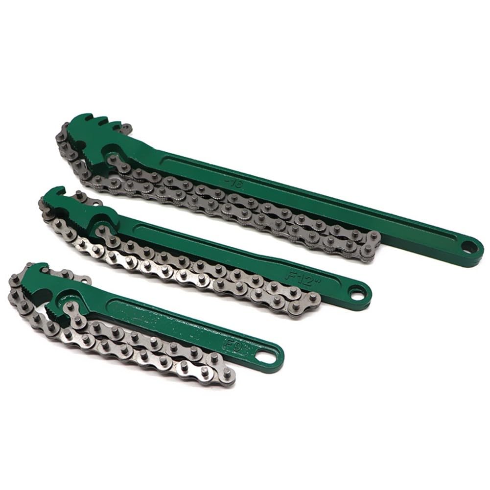 EasyByMall Juego de 3 llaves de cadena ajustables, llaves de tubo de acero al carbono de 9/12/16 pulgadas para tuberías de 1.5 a 8 pulgadas, filtro de aceite automotriz y herramientas de reparación de