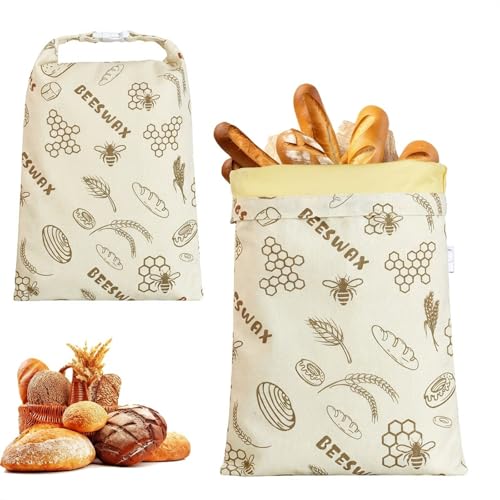 2 Pack Extra Large Beeswax Bread Bags with Zip Closure Reusable Cotton Linen Sourdough Storage Bags Natural Beeswax Lining Food Storage for Homemade Bread Loaves & Baked Goods (D)