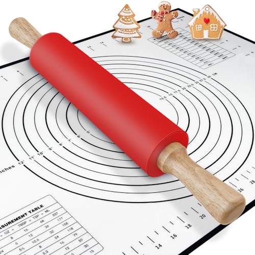 Rolling Pin and Baking Mat | Smooth Non Stick Silicone Rolling Pins | Professional Dough Roller with Wooden Handle for Pastry Pizza Fondant Icing | Idea Gift for Kitchen Gadgets | 17 Inch
