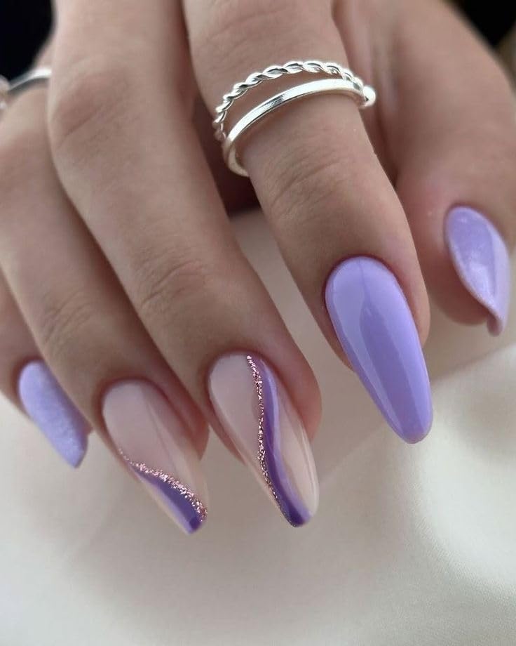 FWS Artificial fake Press On Nails Art Set (Set Of 20) Reusable Nails Extension,BridalNails,Stick-On Nails,Manicure Art Set, AcrylicNails,False Nails,DesignerNails | Nail Glue, Nail file, cuticle pusher, cleaning wipe | Glossy Lavender Swirls Shape Stiletto-image-36