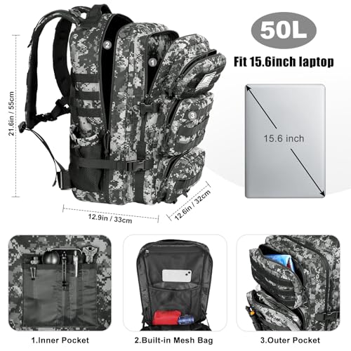 Image of Military Tactical Backpack 50L Large Day Backpack for Men Molle Army 3 Days Assault Pack Bug Out Bag Water Resistant and Heavy Duty Hiking Treeking Rucksack - Black Digital Camo